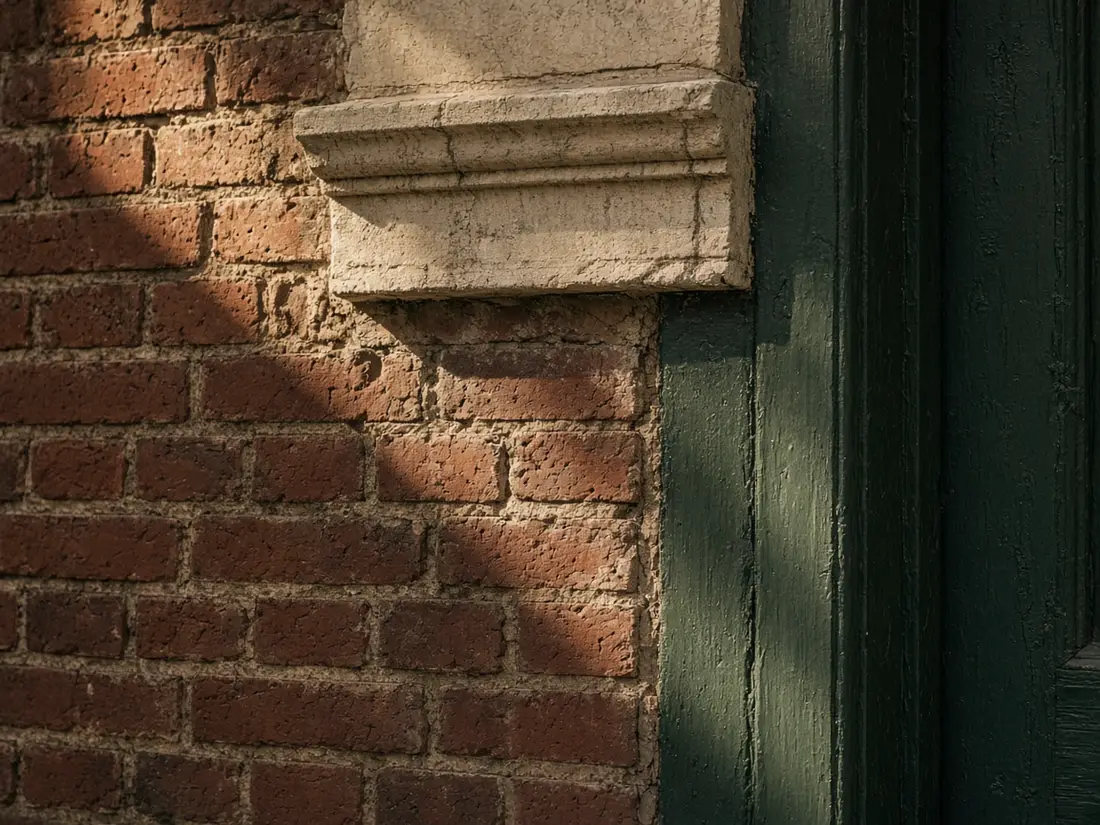 Illustration: late light on an old brick wall beside a green painted door frame